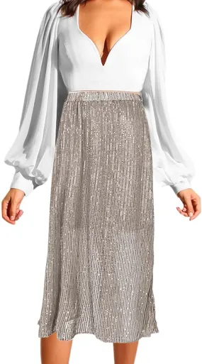 Women's Shiny Sparkly Sequin Maxi Skirt Women Elastic Waist Elastic Straight Long Skirt Glitter Low Sequin Pencil