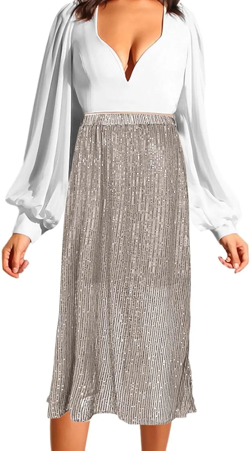 Women's Shiny Sparkly Sequin Maxi Skirt Women Elastic Waist Elastic Straight Long Skirt Glitter Low Sequin Pencil